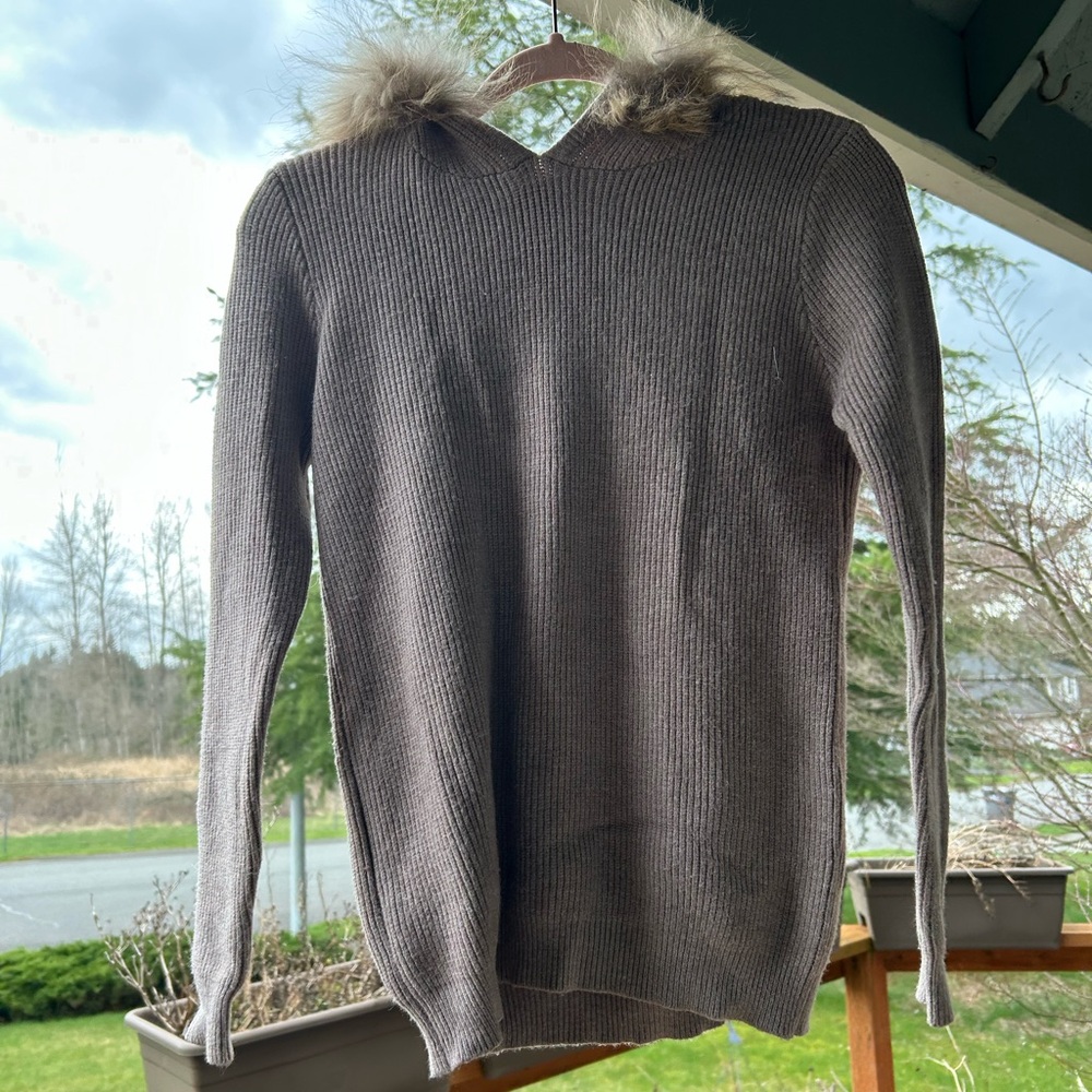 Brown Hooded Sweater With Faux Fur Hood